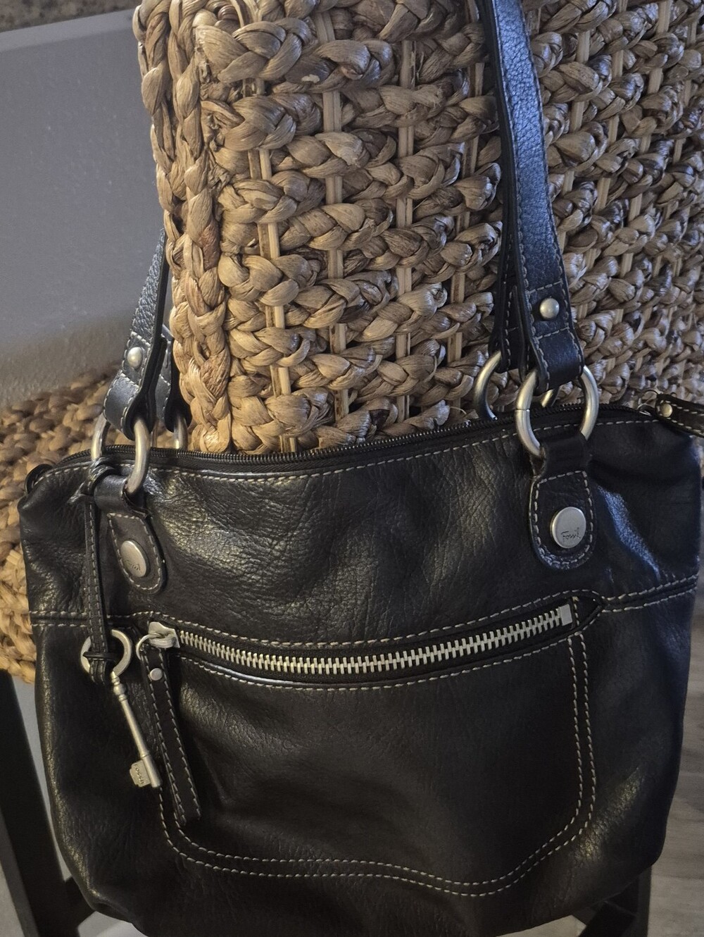 Vintage Fossil Black Leather Bag